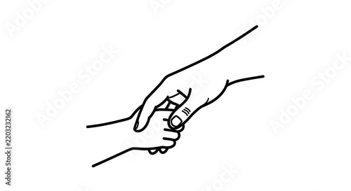 Line art illustration of an adult hand holding a child hand isolated on a transparent background