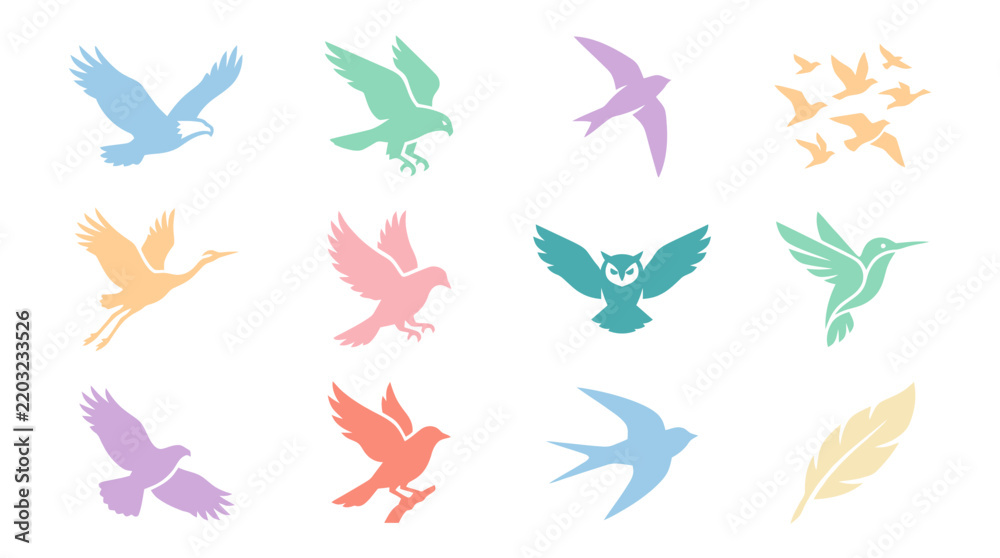 Obraz premium Elegant bird silhouettes and feather icons for branding.
