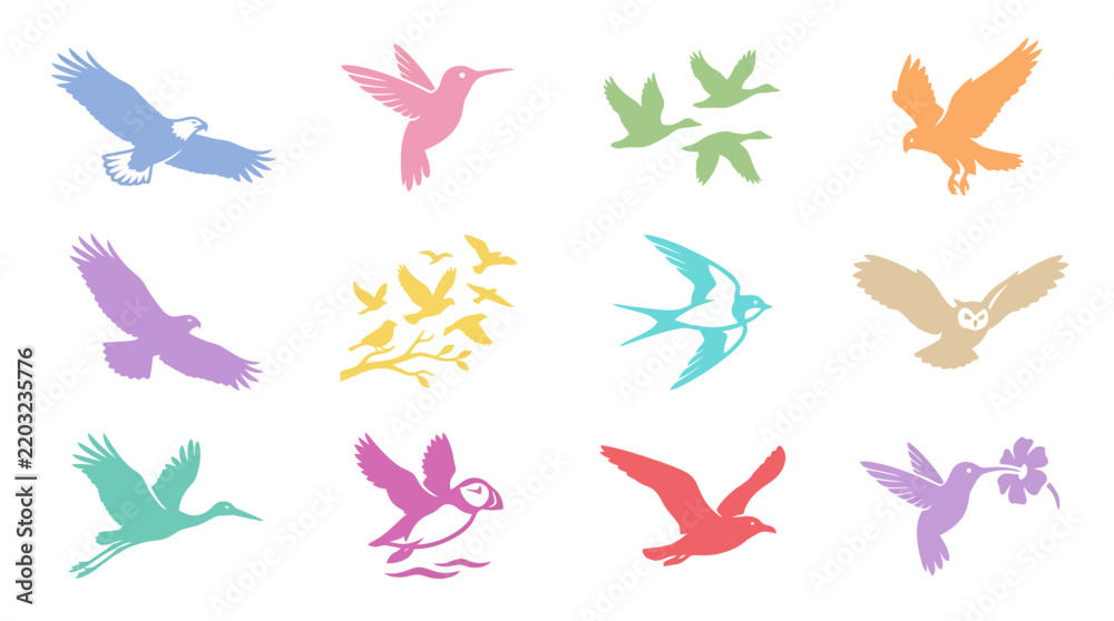 Obraz premium Vibrant bird species silhouettes in various poses.
