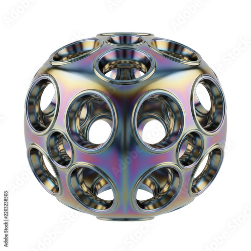A 3D render of a spherical object featuring symmetrical circular cutouts and an iridescent rainbow-colored metallic finish, isolated on a white .