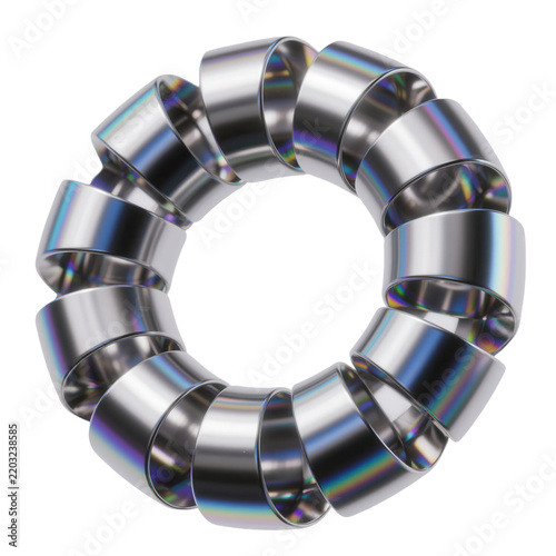 A metallic torus shape formed from a continuous twisted ribbon with an iridescent, rainbow-colored reflection on a transparent .