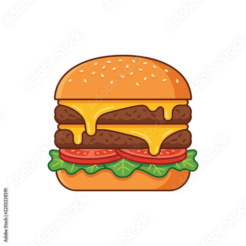 Double Beef Cheeseburger Illustration, Stylized Fast Food Icon Vector Isolated on White Background