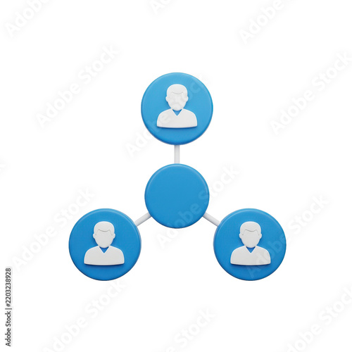3D render of three circular user avatar icons connected by white lines to a central sphere, isolated on a white backdrop, symbolizing networking and connection.