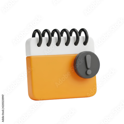 3D rendered spiral notepad icon with an orange cover and a grey exclamation mark symbol on the front, isolated on a plain surface.