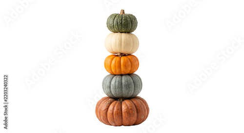 Vertical stack of five colorful heirloom pumpkins isolated on a clean white background studio shot