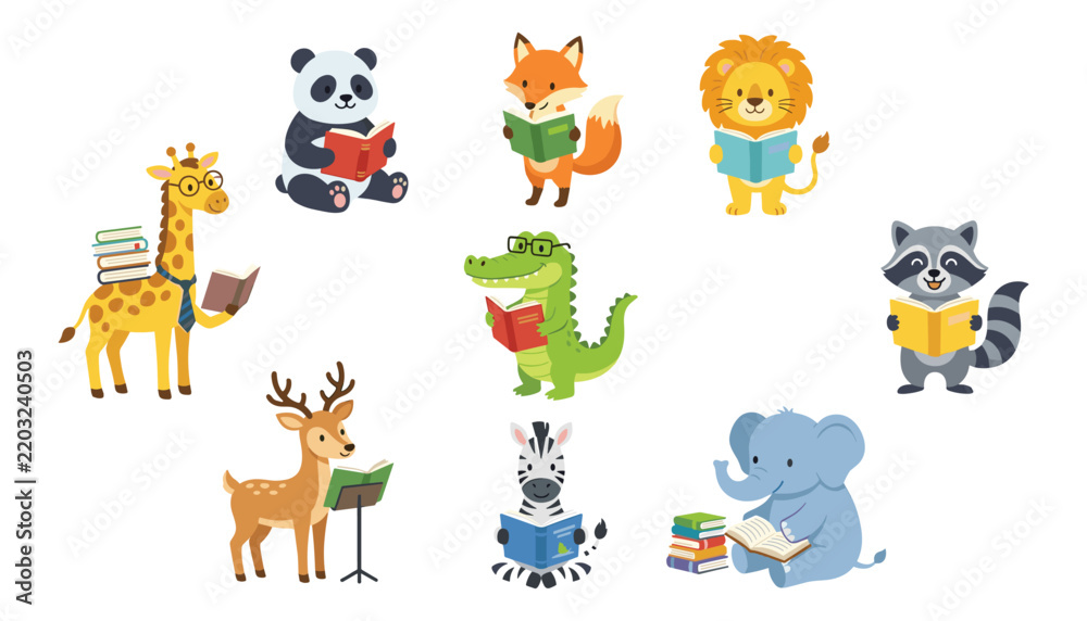 Obraz premium Cute cartoon reading animals vector illustration set featuring school education study concept with wild safari zoo library characters