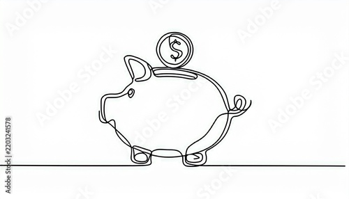 continuous line drawing of a piggy bank with coin on top