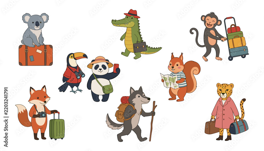 Fototapeta premium PrintCute cartoon traveling animals set with koala, fox, panda, wolf, crocodile, and monkey holding suitcases for kids adventure design