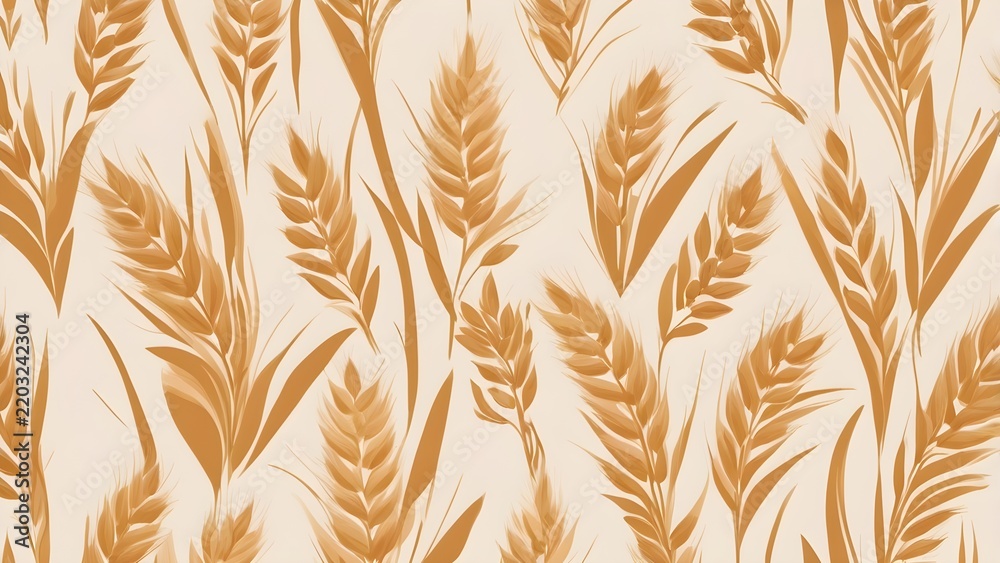 Obraz premium Harvest Grain Seamless Pattern with Golden Wheat Ears and Stalks on Light Background. Agricultural Crop Texture Design.