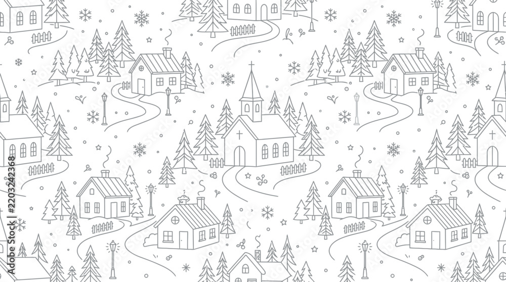 Fototapeta premium Hand-drawn winter village pattern