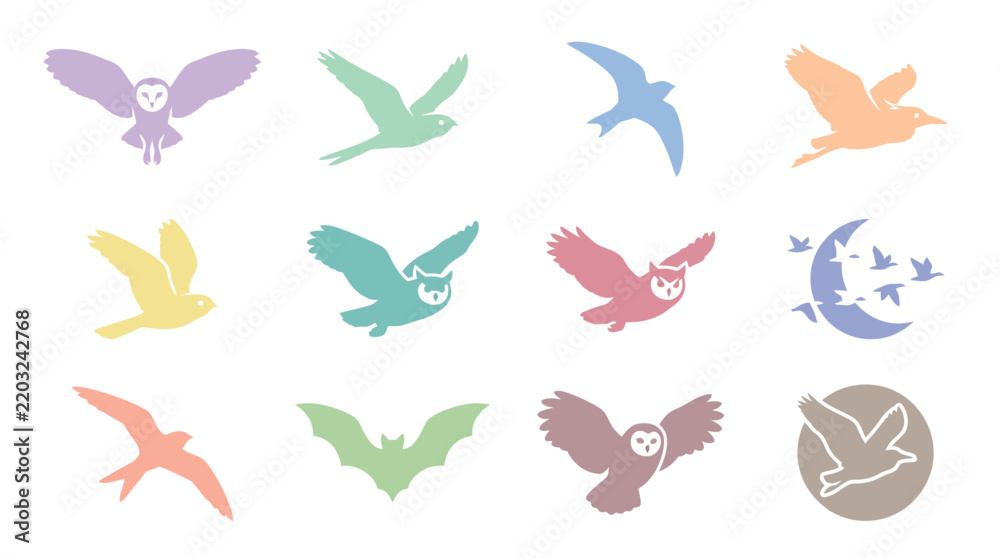 Obraz premium Pastel bird and bat flight silhouette icon collection