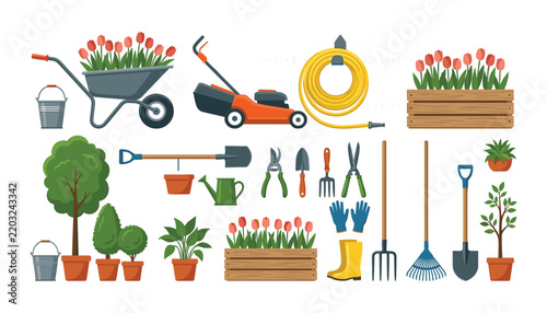 Gardening equipment tools vector bundle featuring lawn mower, wheelbarrow with tulips, hose, rake, shovel, and potted plants collection set