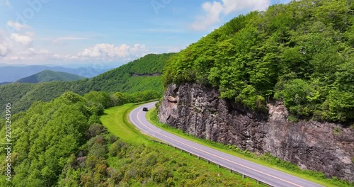 Blue Ridge Parkway in summer season. Mountain pass road in North Carolina Appalachian mountains, USA.
