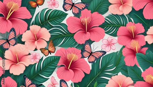 pink tropical hibiscus flowers seamless pattern with butterflies and exotic leaves vibrant floral background design