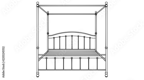 Foto Black outline vector icon of a metal four poster canopy bed frame with posts top