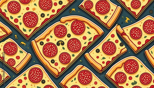 seamless pizza slice pattern with pepperoni cheese slices for fast food background and packaging design