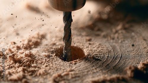 Drill bit creating circular indentation upon warm brown wood, showcasing craftwork and rustic construction materials