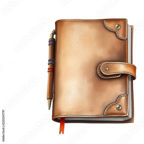 Vintage leather diary or notebook with pen isolated on black