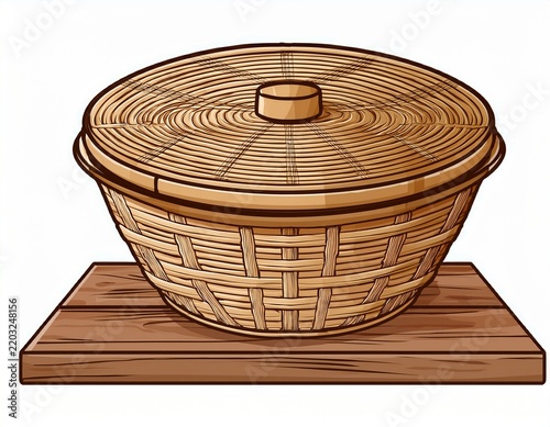 round woven straw basket with lid on wooden shelf
