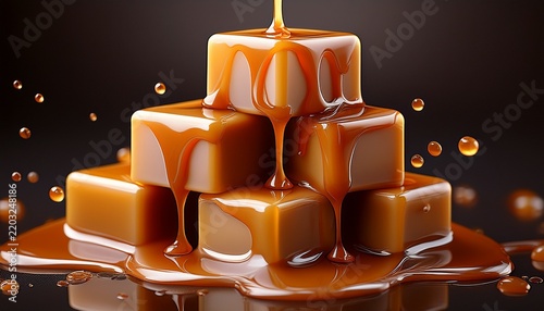 close up of caramel cubes in the shape of a pyramid along which liquid caramel flows