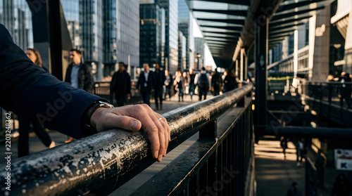 Man's Hand on Railing, Blurred Business People Walking in Modern City