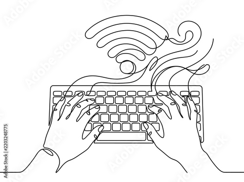 Continuous line art of hands on keyboard with wifi internet symbol
