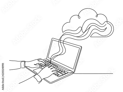 Continuous Line Art of Hands Typing on Laptop with Cloud Computing