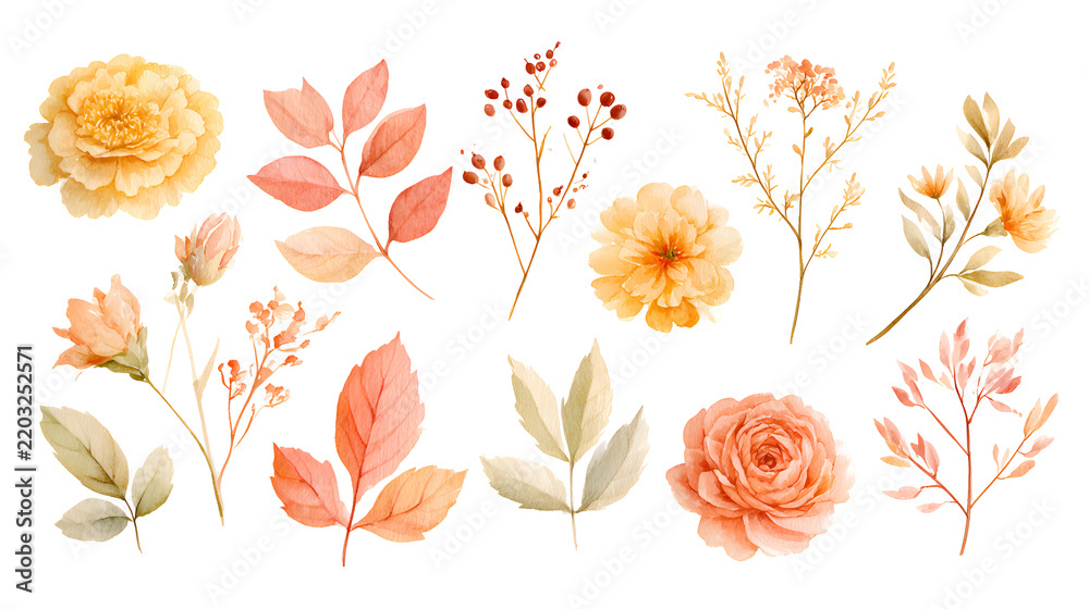 Obraz premium Watercolor autumn floral elements with leaves and flowers on black background