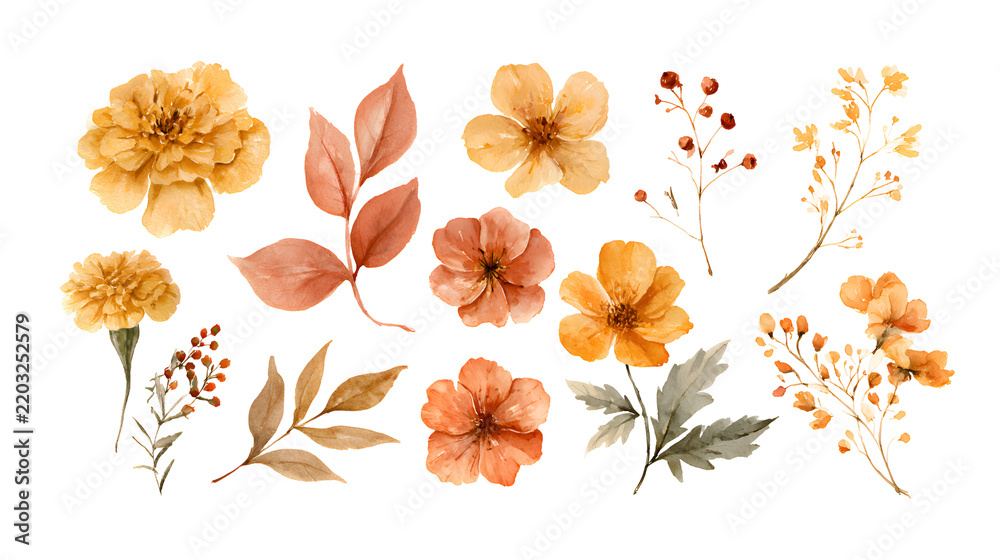 Obraz premium Collection of autumn watercolor flowers and leaves in warm earthy tones on black