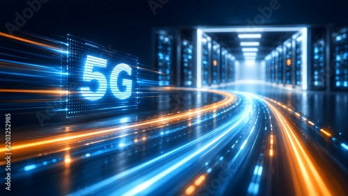High speed light trails passing a glowing 5G digital sign in a futuristic data center highlighting fast telecommunication and internet network