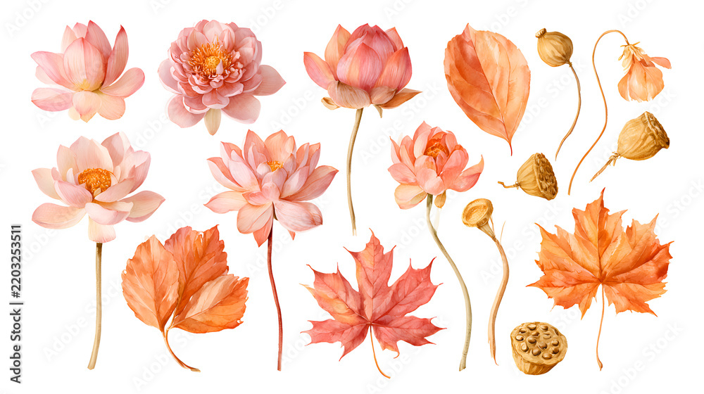Fototapeta premium Beautiful watercolor collection of pink lotus flowers and autumn maple leaves