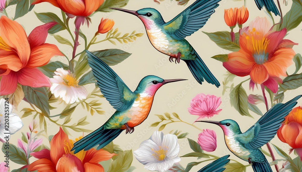 Obraz premium seamless pattern of colorful hummingbirds and blooming flowers in soft tones ideal for nature themed designs textile prints wallpapers stationery packaging or spring inspired visuals