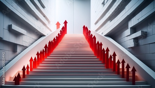 red arrows descend on white stairs symbolizing decline and negative trends