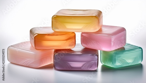 stack of translucent soap bars in various pastel colors on a white background