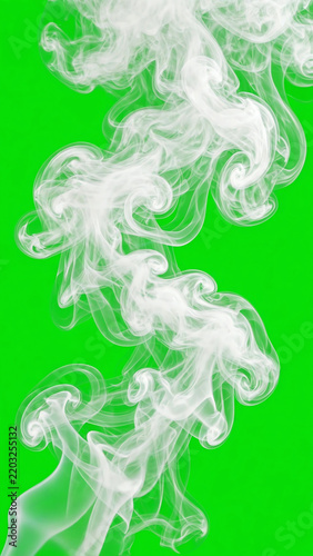 Thick white smoke trail drifting and curling slowly across a bright green screen background for visual effects