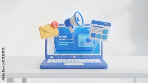 Digital marketing and online communication concept featuring 3D laptop with megaphone and email alert notification icons
