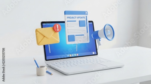 Digital marketing and online communication concept featuring 3D laptop with megaphone and email alert notification icons
