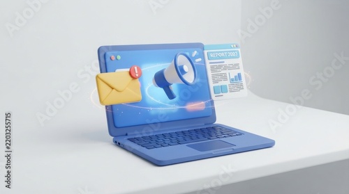 Digital marketing and online communication concept featuring 3D laptop with megaphone and email alert notification icons
