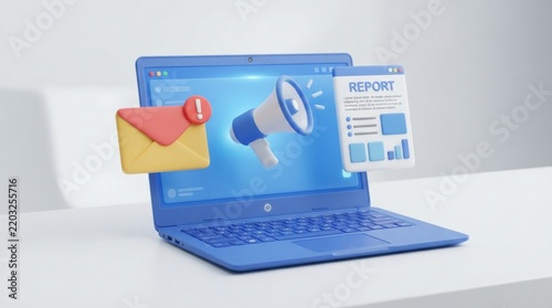 Digital marketing and online communication concept featuring 3D laptop with megaphone and email alert notification icons
