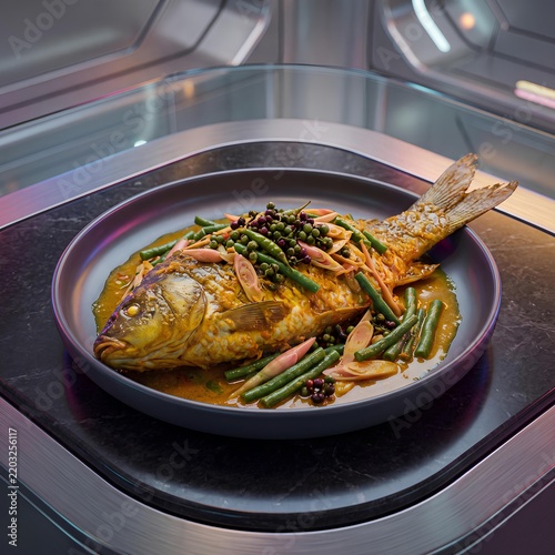 Gourmet Fish Dish Served on Modern Plate in Kitchen.