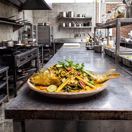 Gourmet Fish Dish Presentation in Modern Kitchen Setting.