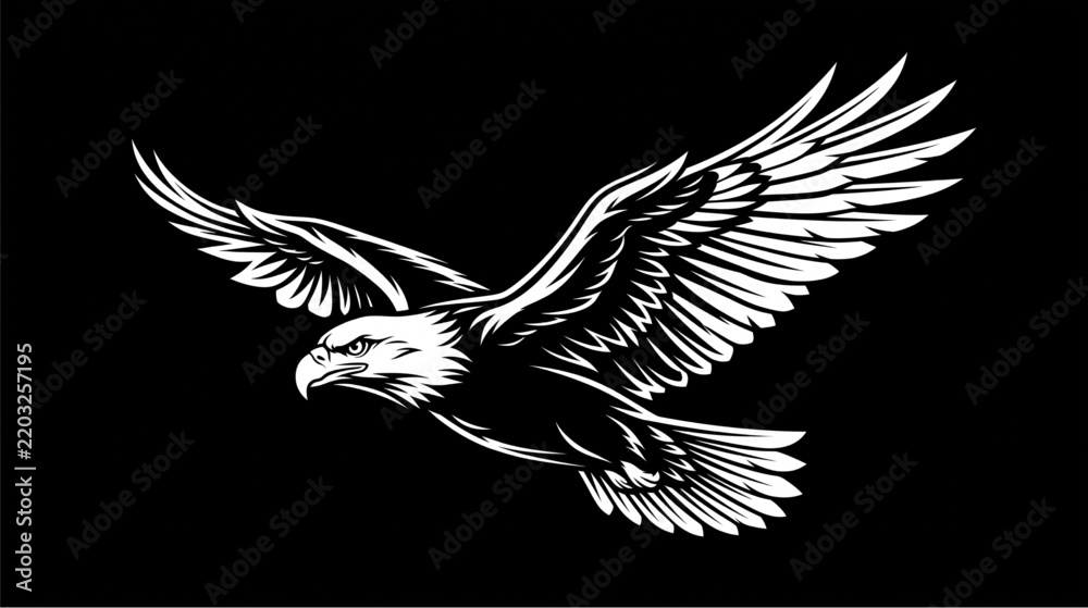 Obraz premium Soaring eagle vector silhouette flying sideways on black background