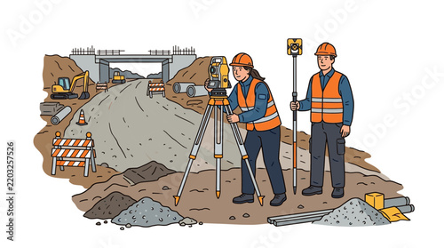Professional Land Surveyors Working at Construction Site Illustration
