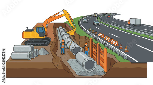 Illustration of Excavator Installing Concrete Drainage Pipes Near Highway