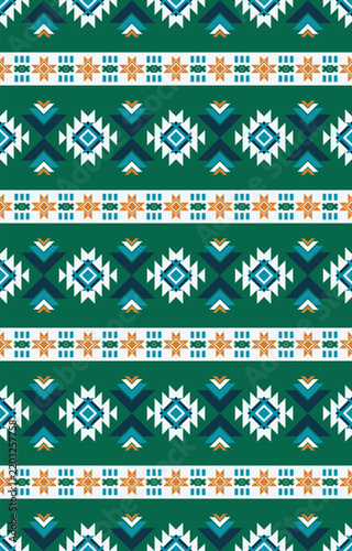Seamless Ethnic Inspired Geometric Cross Diamond and Star Striped Border Pattern in Green and Teal