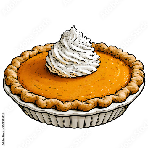 Delicious pumpkin pie with whipped cream topping on black background