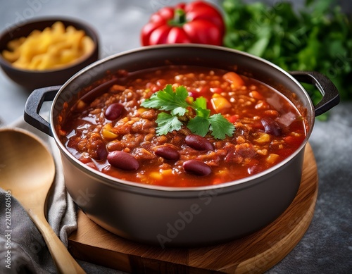 spicy texas chili meat soup simmering in a pot with fresh ingredients