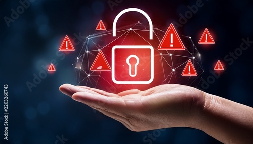 open hand with glowing red padlock and alert triangles above palm on dark banner background warning about data breach and cyber attack threat