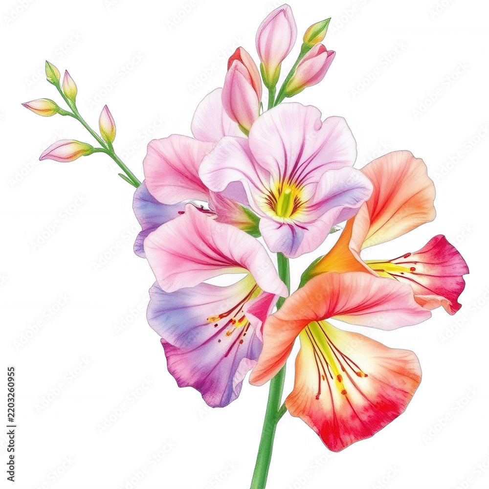 Fototapeta premium Watercolor painting of pink and orange flowers isolated on black