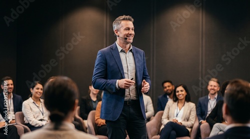 Confident Male Speaker Engaging Audience at Business Conference Presentation